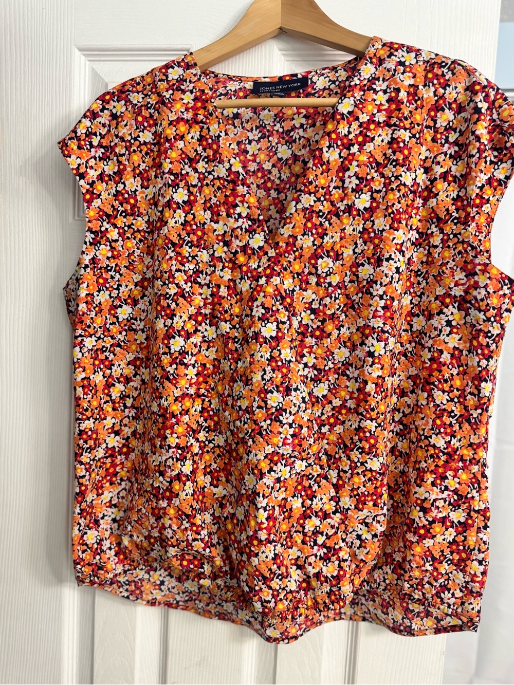 Jones New York Orange Multi Floral Cap-Sleeve Blouse